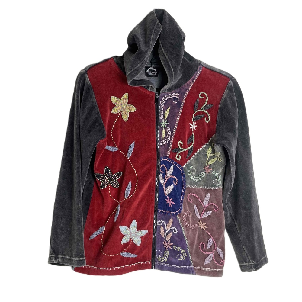 Himalayan Handmade Womens Velour Grandma Core Patchwork Floral Hooded Jacket M